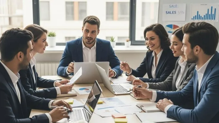 Distributed team of professionals collaborating around a table with laptops and sales data charts